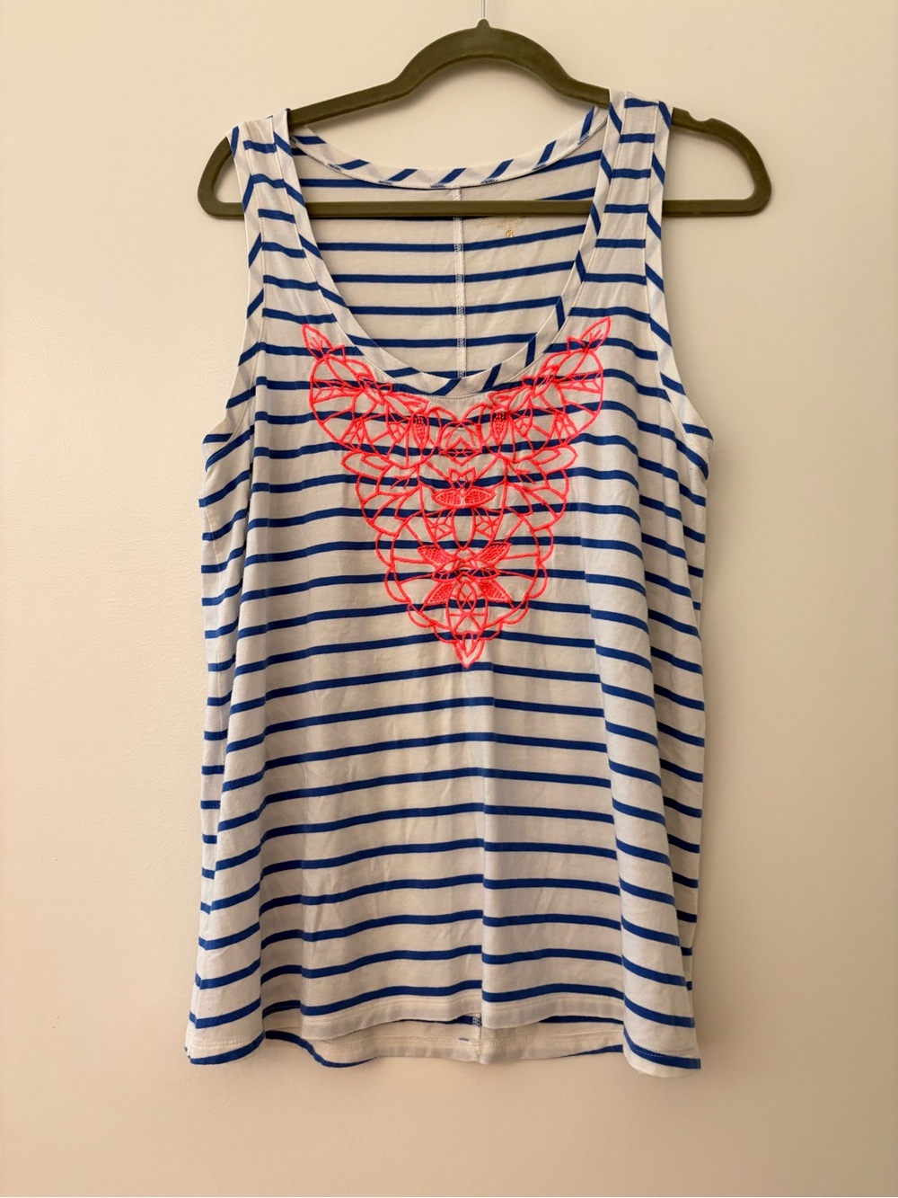 Lilly Pulitzer Blue & White Striped Tank with Neon Pink Embroidery